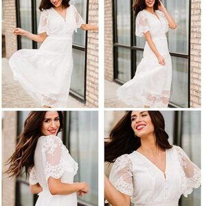 Women's Boho Flowy White Floral Lace Maxi Dress